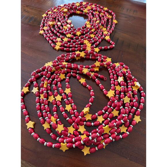 2 Vintage Wood Beads stars Christmas Garlands 20 ft ea. Red Yellow wooden decor - Picture 10 of 13